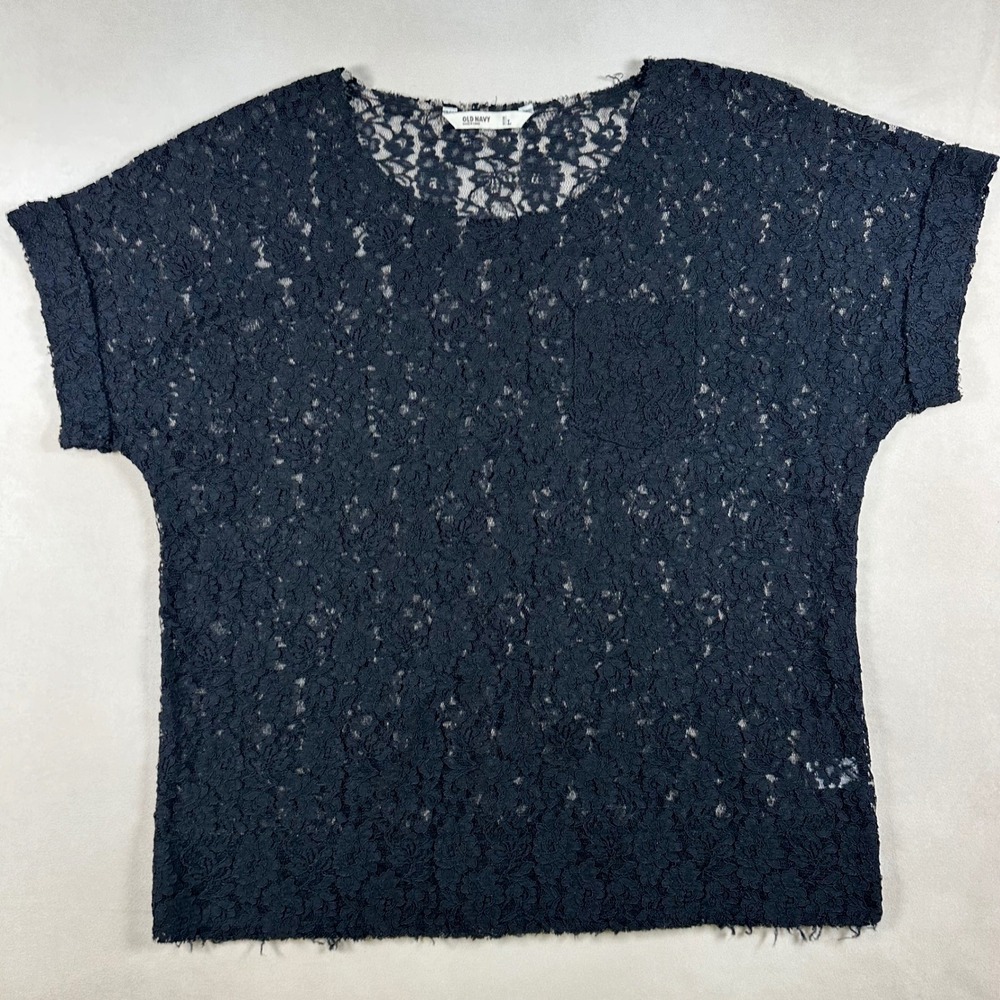 Old Navy Black Floral Lace Short Sleeve Top Women's L Sheer Goth Romantic